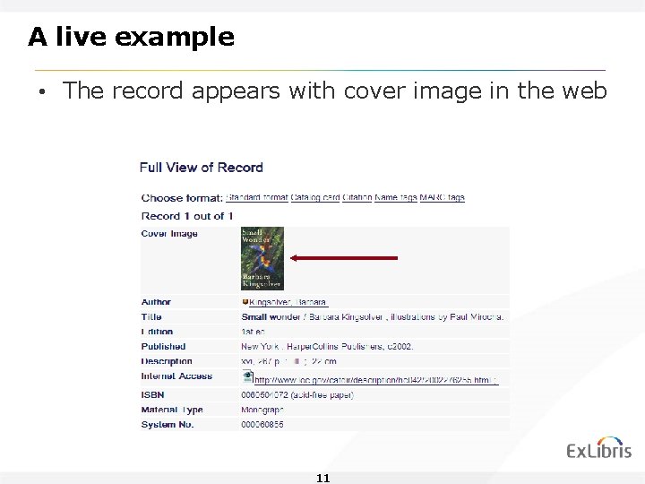 A live example • The record appears with cover image in the web 11