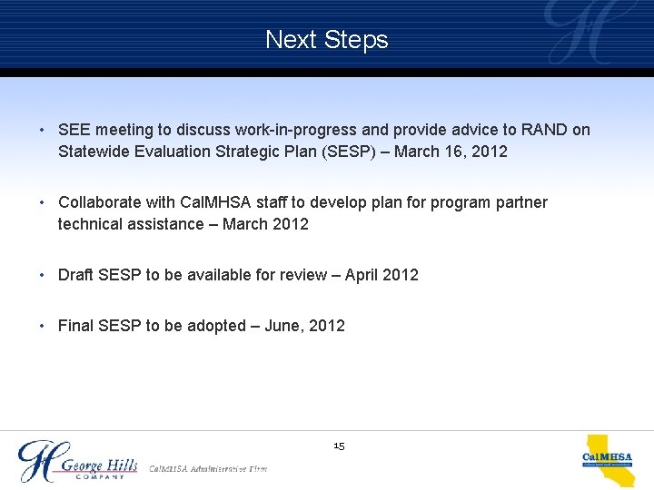 Next Steps • SEE meeting to discuss work-in-progress and provide advice to RAND on