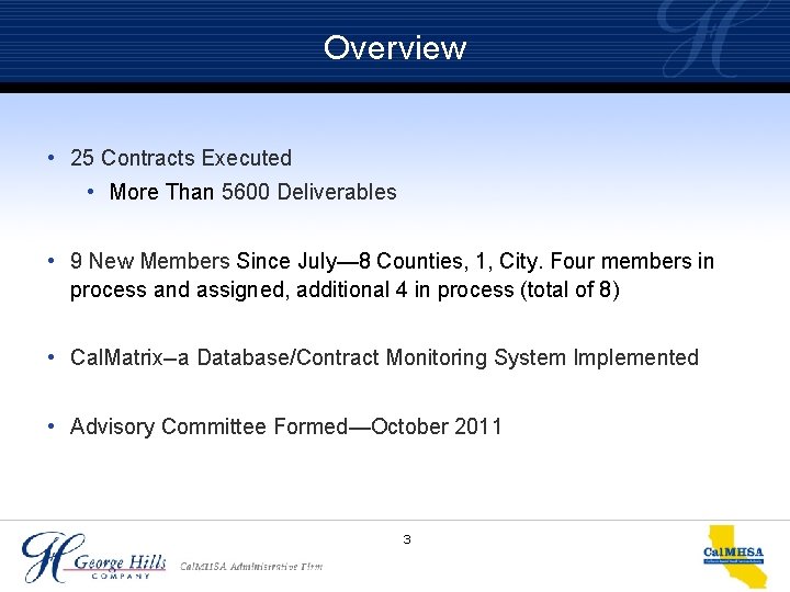 Overview • 25 Contracts Executed • More Than 5600 Deliverables • 9 New Members