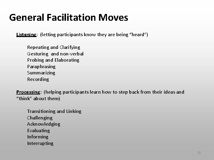 General Facilitation Moves Listening: (letting participants know they are being “heard”) Repeating and Clarifying