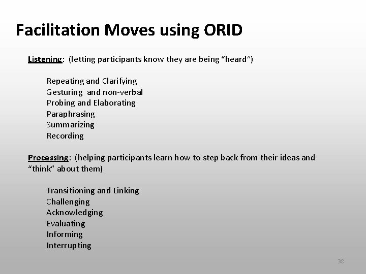 Facilitation Moves using ORID Listening: (letting participants know they are being “heard”) Repeating and