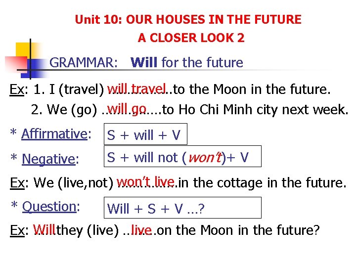 Unit 10: OUR HOUSES IN THE FUTURE A CLOSER LOOK 2 GRAMMAR: Will for