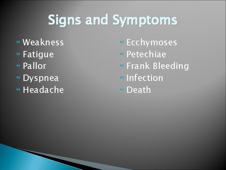 Signs and Symptoms Weakness Fatigue Pallor Dyspnea Headache Ecchymoses Petechiae Frank Bleeding Infection Death