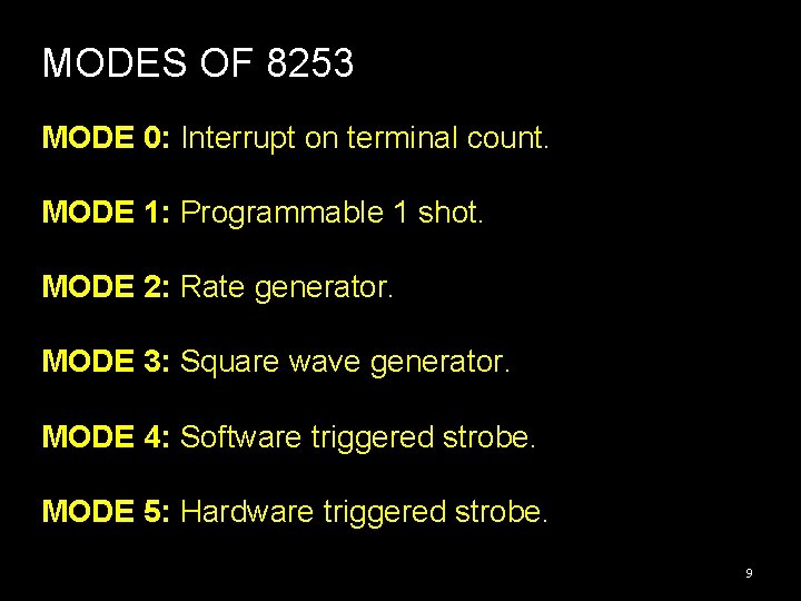 MODES OF 8253 MODE 0: Interrupt on terminal count. MODE 1: Programmable 1 shot.