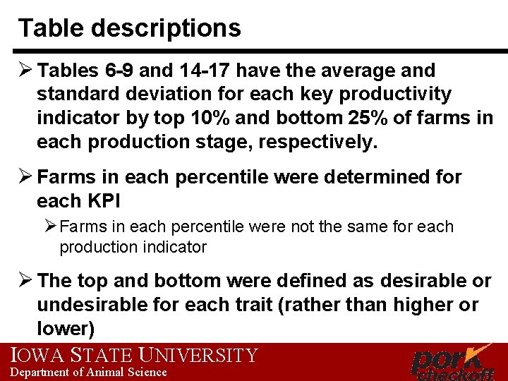 Table descriptions Ø Tables 6 -9 and 14 -17 have the average and standard