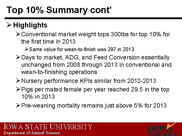 Top 10% Summary cont’ Ø Highlights Ø Conventional market weight tops 300 lbs for