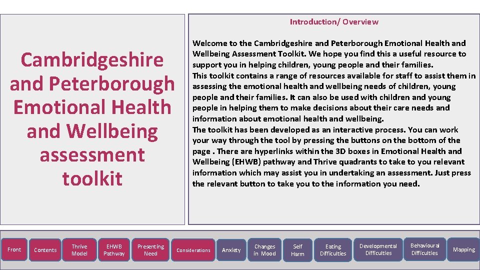 Introduction/ Overview Cambridgeshire and Peterborough Emotional Health and Wellbeing assessment toolkit Front Contents Thrive