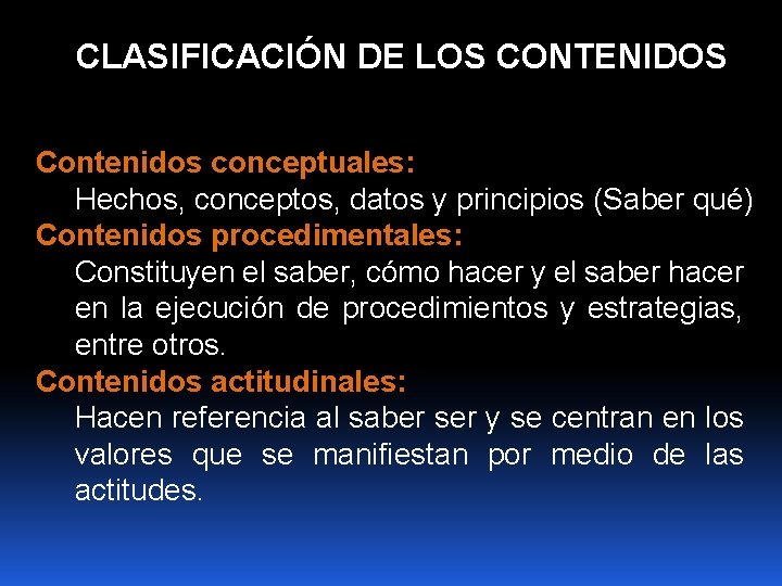 CLASIFICACIÓN DE LOS CONTENIDOS Contenidos conceptuales: Hechos, conceptos, datos y principios (Saber qué) Contenidos