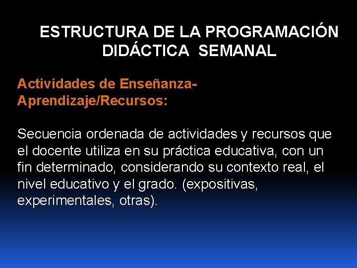 ESTRUCTURA DE LA PROGRAMACIÓN DIDÁCTICA SEMANAL Actividades de Enseñanza. Aprendizaje/Recursos: Secuencia ordenada de actividades