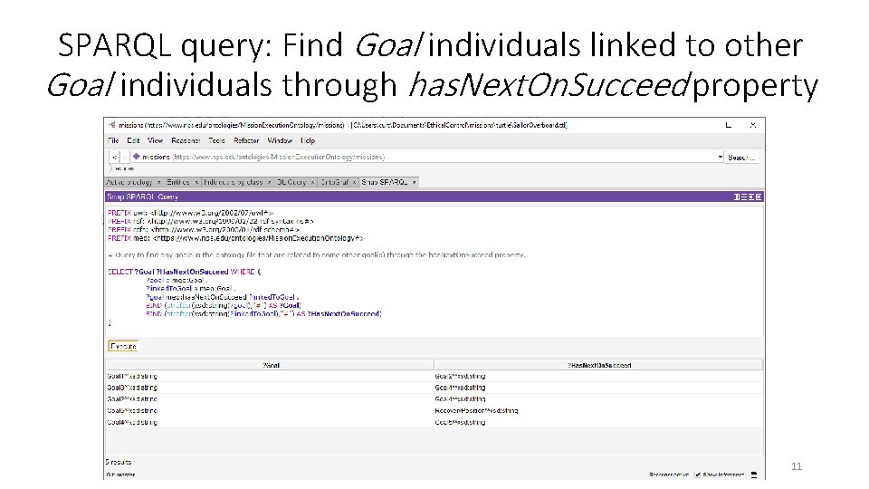 SPARQL query: Find Goal individuals linked to other Goal individuals through has. Next. On.