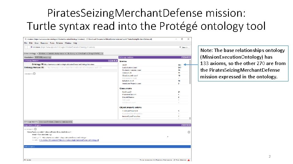 Pirates. Seizing. Merchant. Defense mission: Turtle syntax read into the Protégé ontology tool Note: