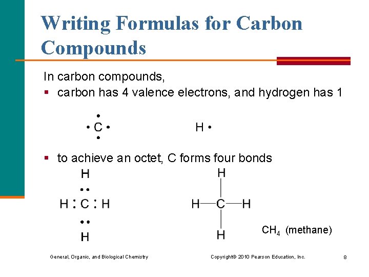 Writing Formulas for Carbon Compounds In carbon compounds, § carbon has 4 valence electrons,