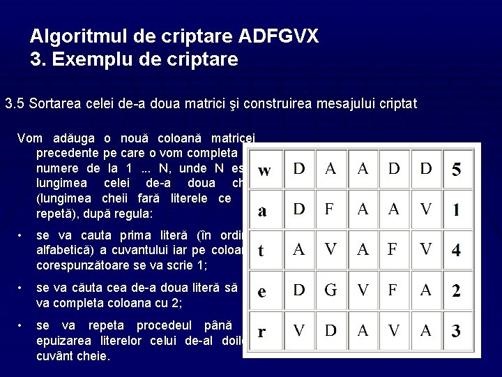 Algoritmul de criptare ADFGVX 3. Exemplu de criptare 3. 5 Sortarea celei de-a doua