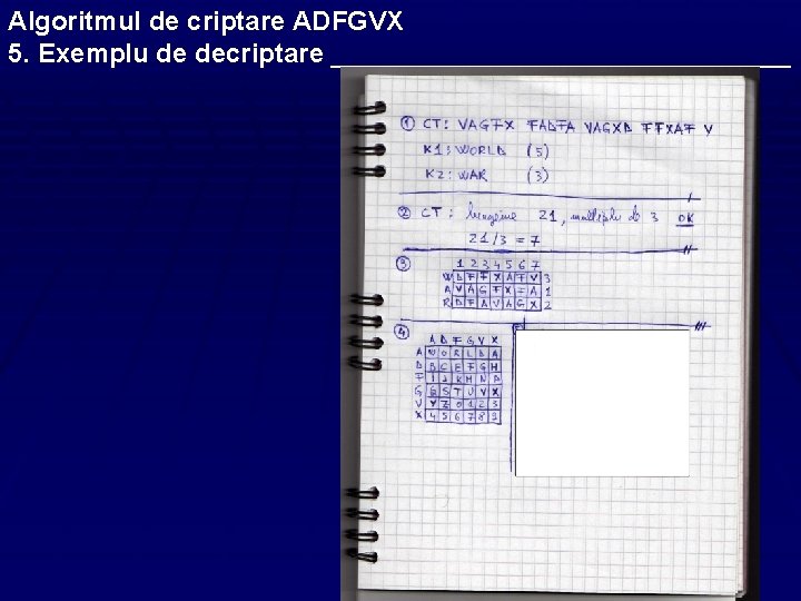 Algoritmul de criptare ADFGVX 5. Exemplu de decriptare ________________ 