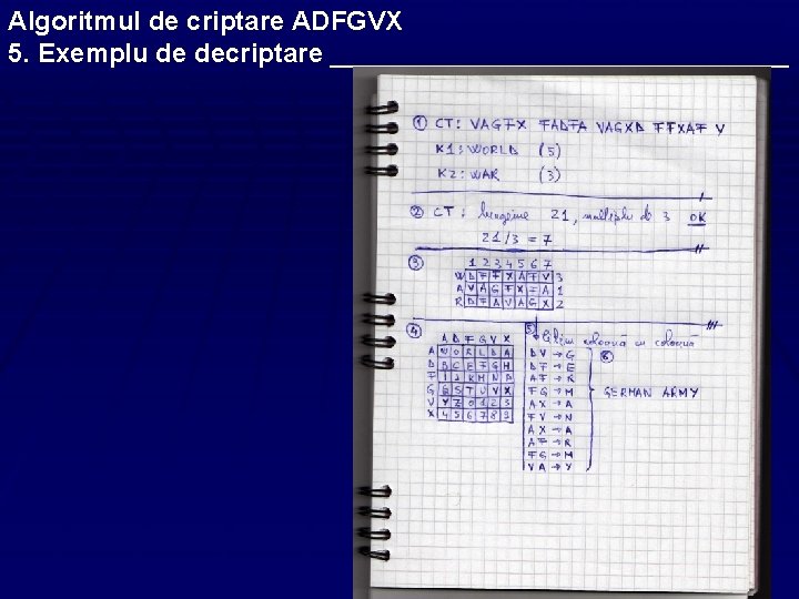 Algoritmul de criptare ADFGVX 5. Exemplu de decriptare ________________ 