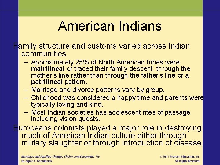 American Indians Family structure and customs varied across Indian communities. – Approximately 25% of