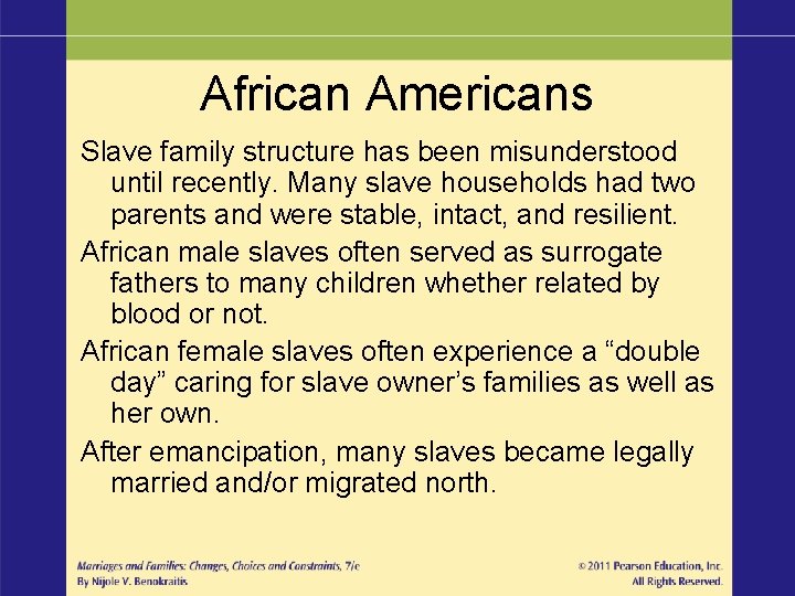 African Americans Slave family structure has been misunderstood until recently. Many slave households had