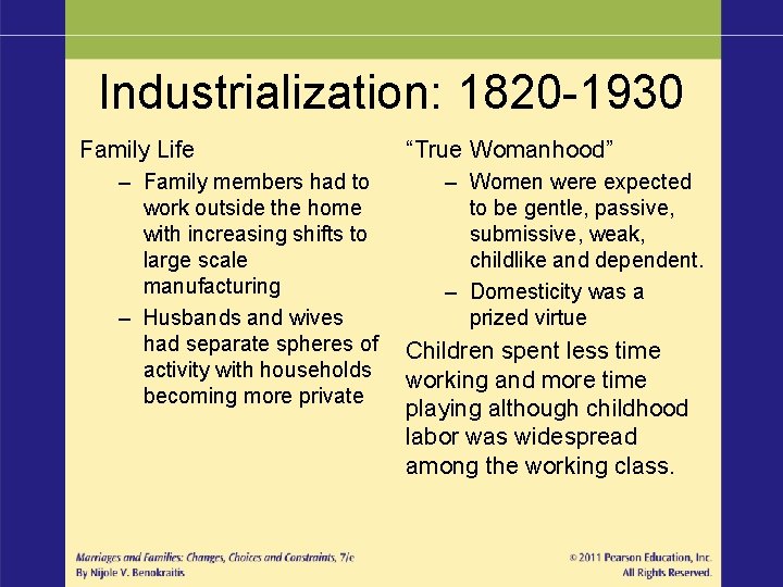 Industrialization: 1820 -1930 Family Life – Family members had to work outside the home