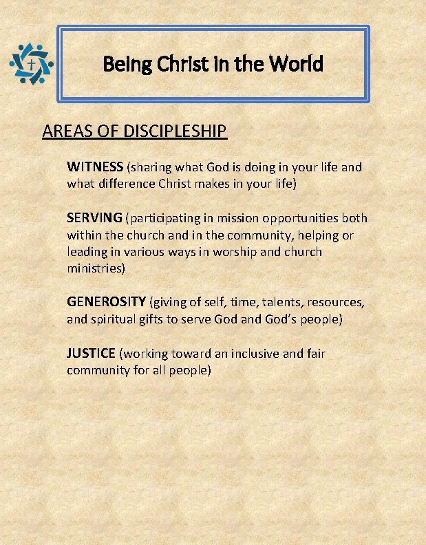 Being Christ in the World AREAS OF DISCIPLESHIP WITNESS (sharing what God is doing