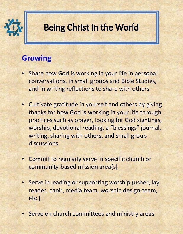 Being Christ in the World Growing • Share how God is working in your