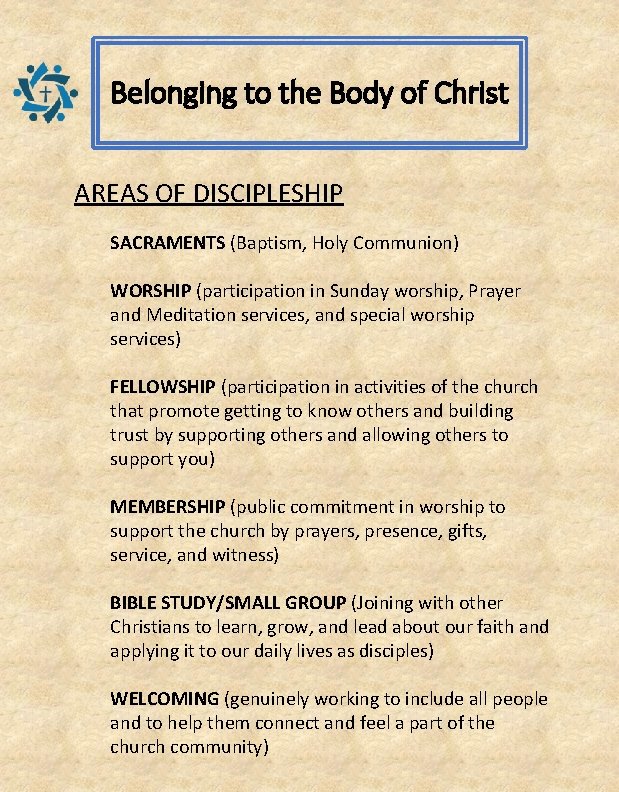 Belonging to the Body of Christ AREAS OF DISCIPLESHIP SACRAMENTS (Baptism, Holy Communion) WORSHIP