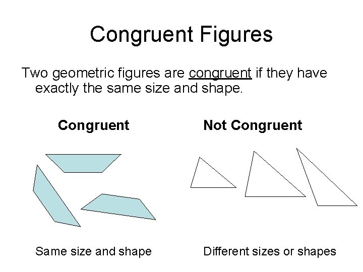 Congruent Figures Two geometric figures are congruent if they have exactly the same size