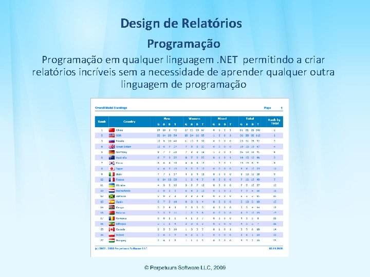 Design de Relatórios Programação em qualquer linguagem. NET permitindo a criar relatórios incríveis sem