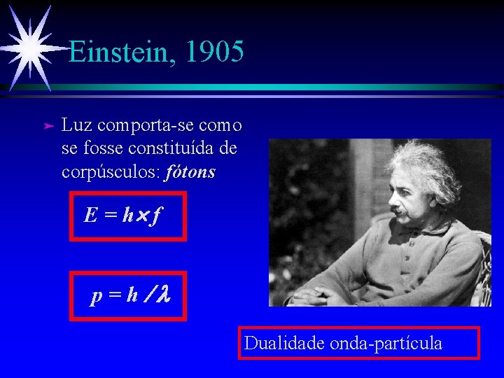 Einstein, 1905 ä Luz comporta-se como se fosse constituída de corpúsculos: fótons E =