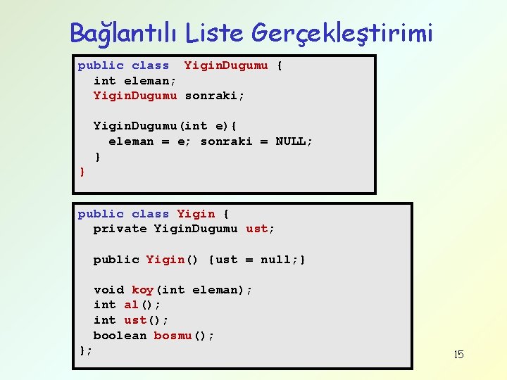 Bağlantılı Liste Gerçekleştirimi public class Yigin. Dugumu { int eleman; Yigin. Dugumu sonraki; Yigin.