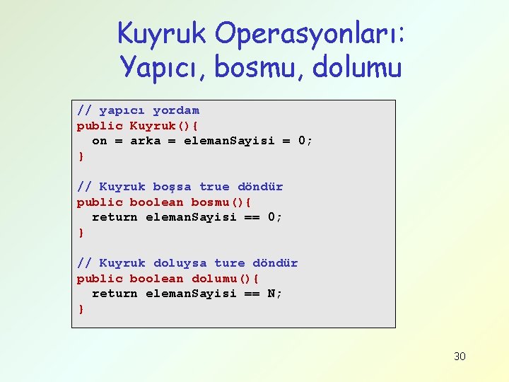 Kuyruk Operasyonları: Yapıcı, bosmu, dolumu // yapıcı yordam public Kuyruk(){ on = arka =