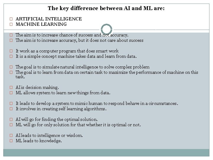 The key difference between AI and ML are: � ARTIFICIAL INTELLIGENCE � MACHINE LEARNING