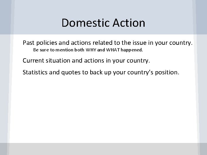 Domestic Action ● Past policies and actions related to the issue in your country.