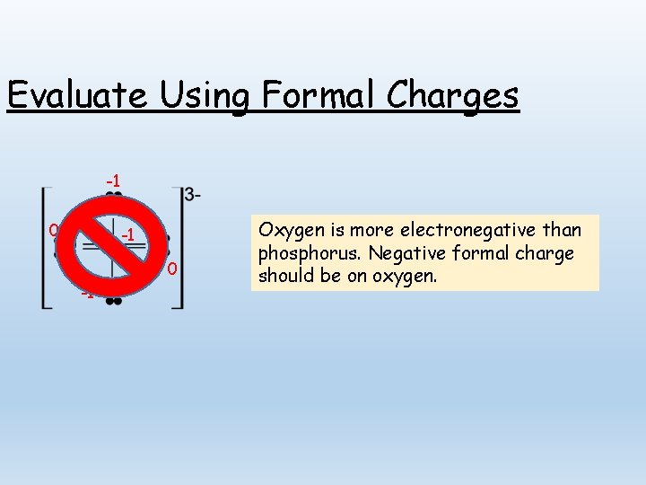 Evaluate Using Formal Charges -1 0 -1 Oxygen is more electronegative than phosphorus. Negative