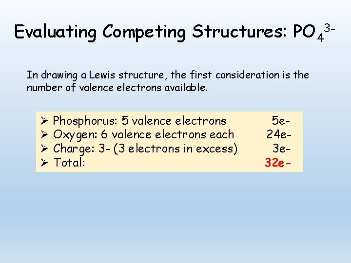 Evaluating Competing Structures: PO 43 In drawing a Lewis structure, the first consideration is