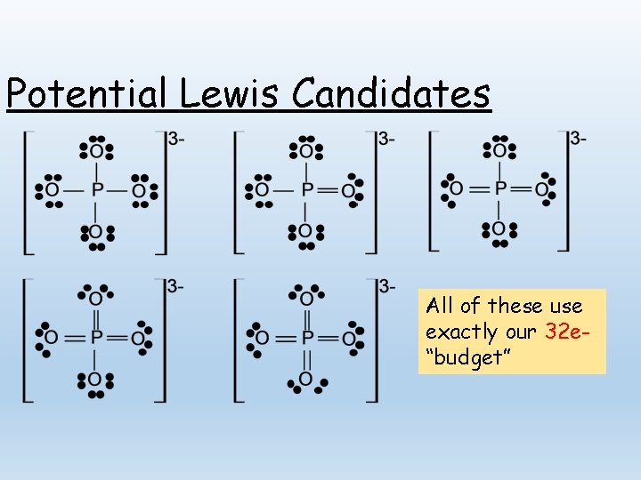Potential Lewis Candidates All of these use exactly our 32 e“budget” 