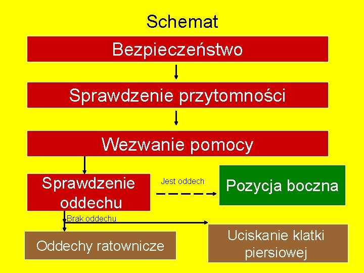 Schemat Bezpieczeństwo Sprawdzenie przytomności Wezwanie pomocy Sprawdzenie oddechu Jest oddech Pozycja boczna Brak oddechu