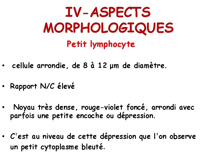 IV-ASPECTS MORPHOLOGIQUES Petit lymphocyte • cellule arrondie, de 8 à 12 μm de diamètre.