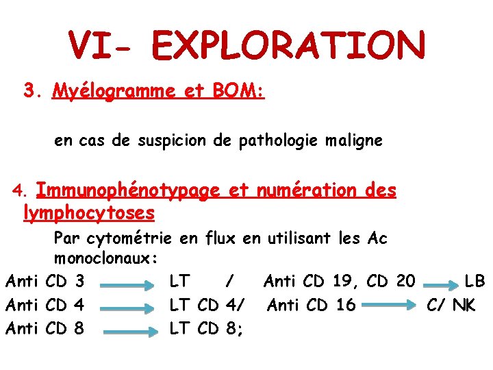 VI- EXPLORATION 3. Myélogramme et BOM: en cas de suspicion de pathologie maligne 4.