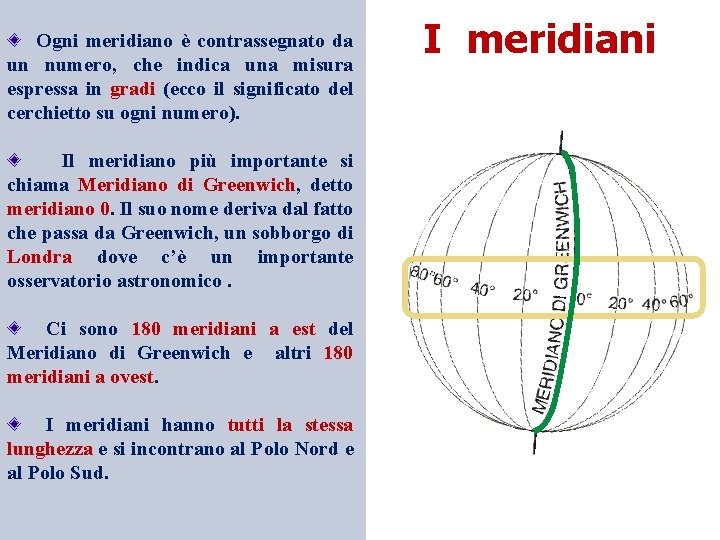 Ogni meridiano è contrassegnato da un numero, che indica una misura espressa in gradi