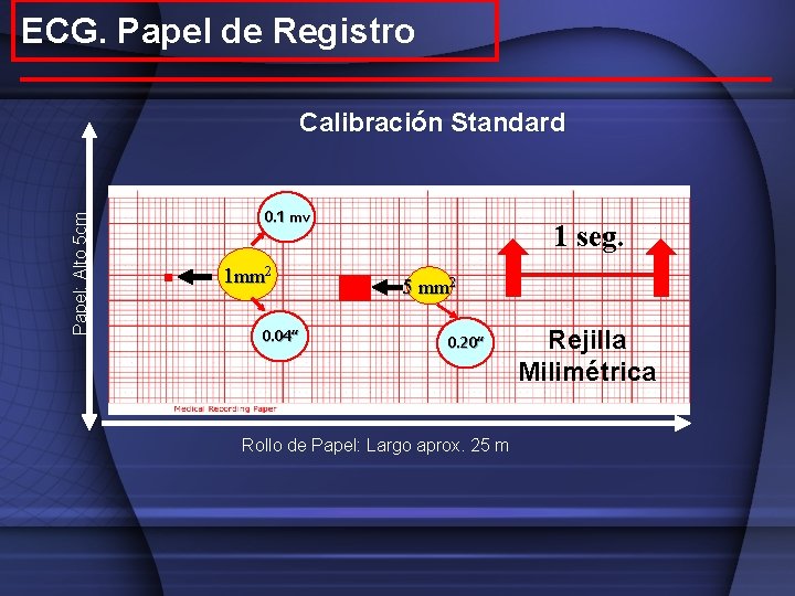 ECG. Papel de Registro Papel: Alto 5 cm Calibración Standard 0. 1 mv 1