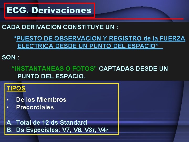 ECG. Derivaciones CADA DERIVACION CONSTITUYE UN : “PUESTO DE OBSERVACION Y REGISTRO de la