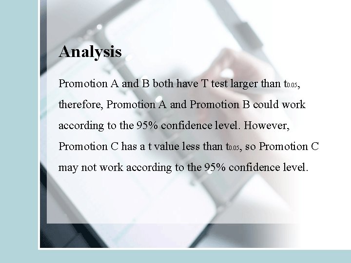 Analysis Promotion A and B both have T test larger than t 0. 05,