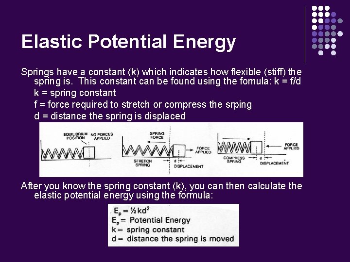 Elastic Potential Energy Springs have a constant (k) which indicates how flexible (stiff) the