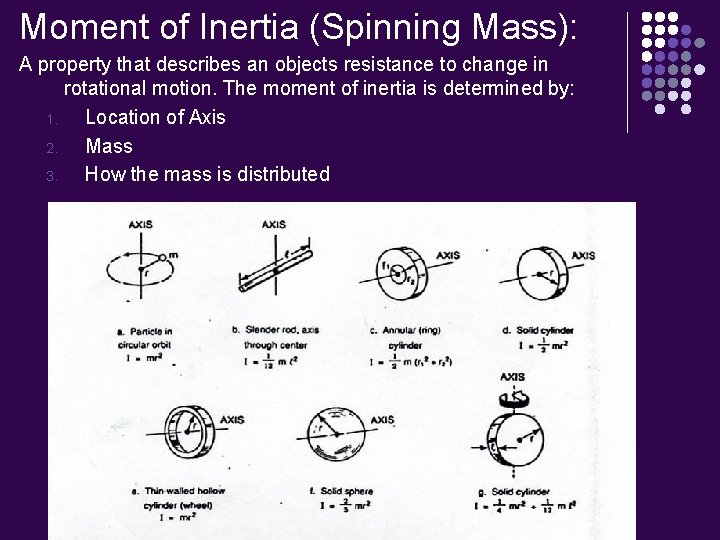 Moment of Inertia (Spinning Mass): A property that describes an objects resistance to change