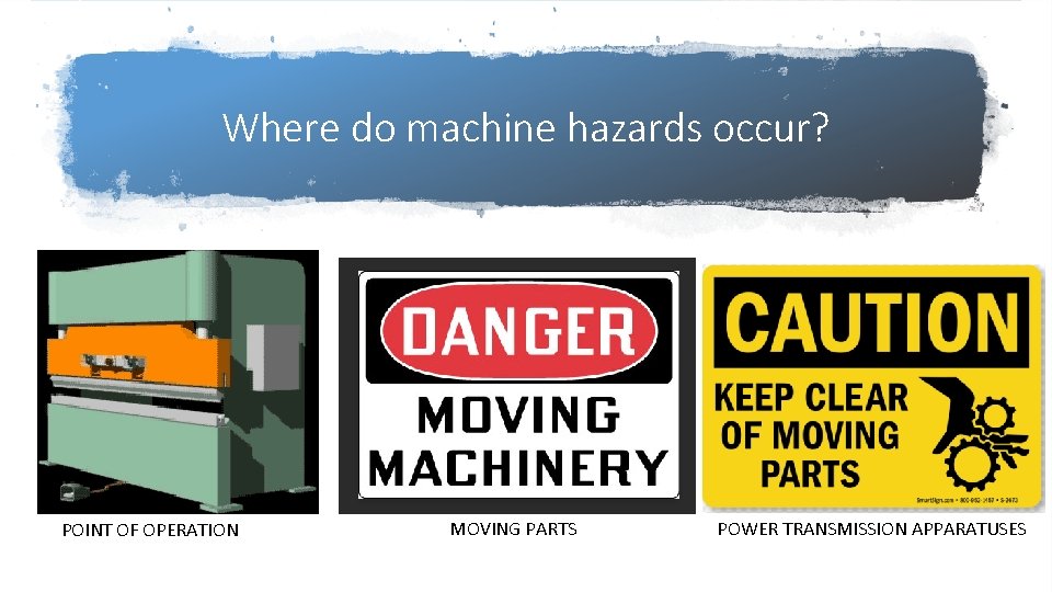 Where do machine hazards occur? POINT OF OPERATION MOVING PARTS POWER TRANSMISSION APPARATUSES 