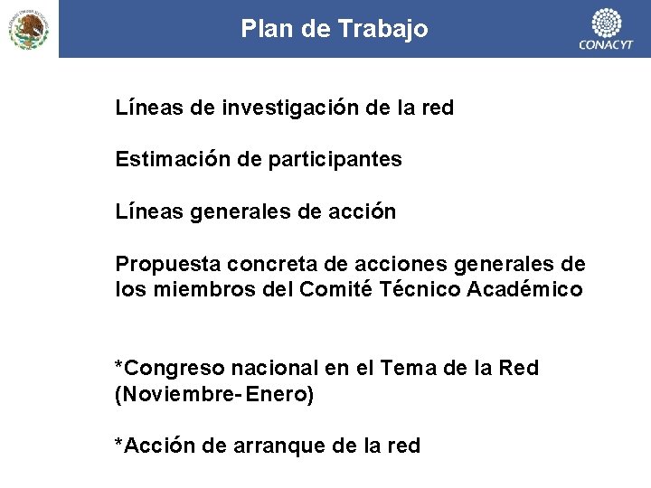 Plan de Trabajo Líneas de investigación de la red Estimación de participantes Líneas generales