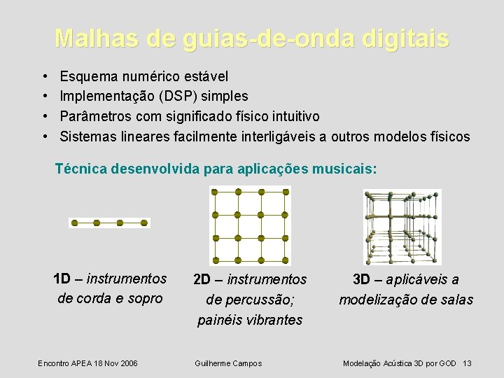 Malhas de guias-de-onda digitais • • Esquema numérico estável Implementação (DSP) simples Parâmetros com