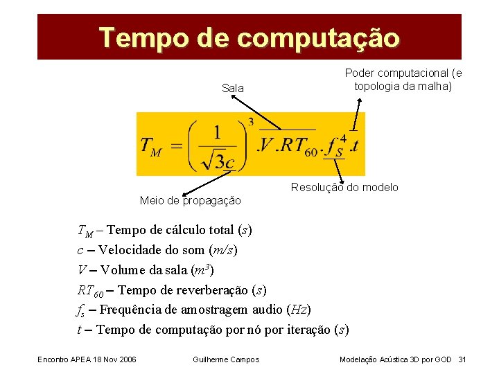 Tempo de computação Sala Poder computacional (e topologia da malha) Resolução do modelo Meio