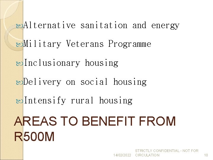  Alternative Military sanitation and energy Veterans Programme Inclusionary Delivery housing Intensify on social