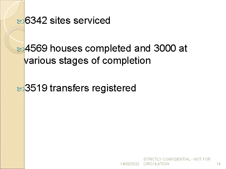  6342 sites serviced 4569 houses completed and 3000 at various stages of completion